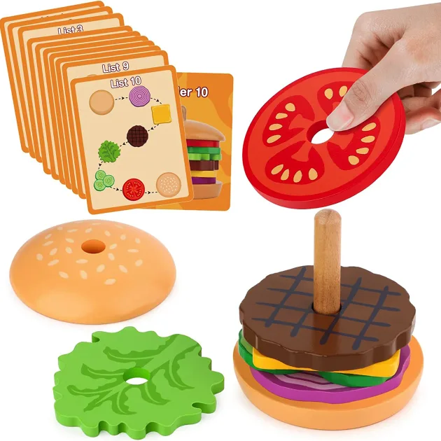 montessori toy, montessori wooden toys, burger stacking toy, educational toy